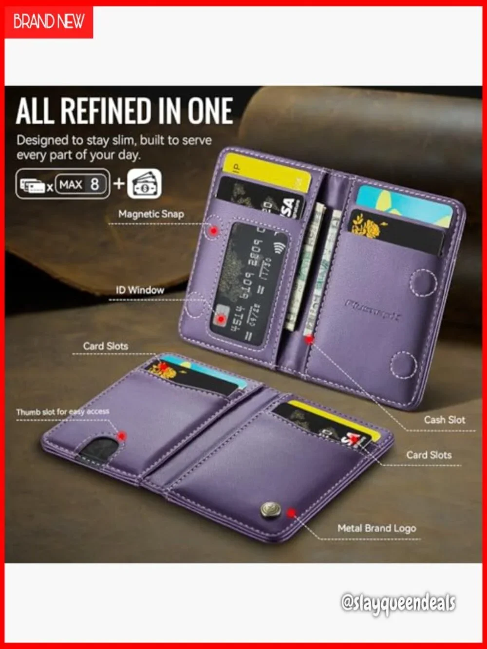 Slim RFID Blocking Wallet 8 Card Slots Bifold Front Pocket PU Leather
